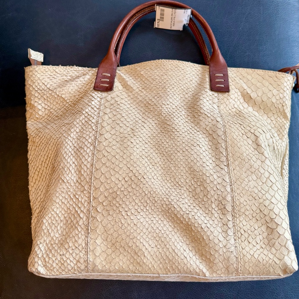 Sophia C Cream Snake Skin Textured Tote with Brown Leather Handles